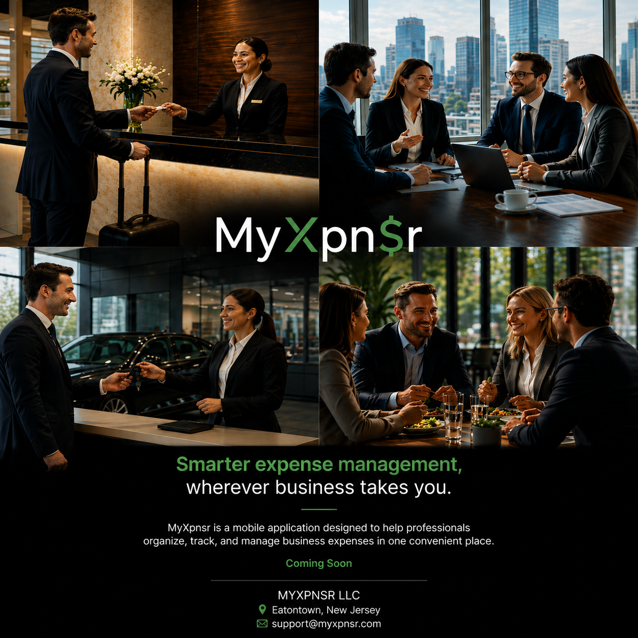 MyXpnsr. Smarter expense management, wherever business takes you. Coming soon. MYXPNSR LLC, Eatontown, New Jersey.